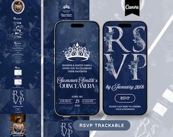 Invitación digital de quinceañera, invitación de quinceañera azul marino, Mis Quince Años, Sweet 15 Quince Invite Trackable Countdown RSVP Online Form