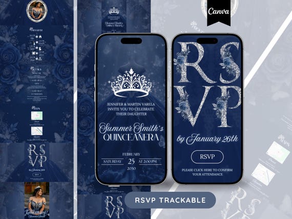 Digital Quinceanera Invitation, Navy Blue Quinceañera Invite, Mis Quince Años, Sweet 15 Quince Invite Trackable Countdown RSVP Online Form