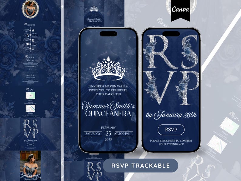 May include: Navy blue digital invitation for a Quincea&ntilde;era, featuring a silver RSVP design with floral accents. The invitation includes event details, date, time, and a request to RSVP by January 26th.