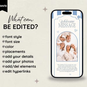 Op de afbeelding: Een smartphone toont een lichtblauwe en witte afbeelding met de tekst "Welcome MESSAGE". De afbeelding toont een groep vrouwen en de tekst "What can BE EDITED?" met bewerkingsopties. Canva-logo linksboven.