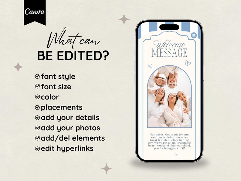 Op de afbeelding: Een smartphone toont een lichtblauwe en witte afbeelding met de tekst "Welcome MESSAGE". De afbeelding toont een groep vrouwen en de tekst "What can BE EDITED?" met bewerkingsopties. Canva-logo linksboven.