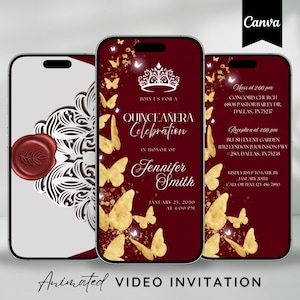 Digital Red and Gold Quinceanera Video Invitation Mis Quince Años XV Animated Invite Sweet 15 Years Red Digital Invitaciones de Quinceañera