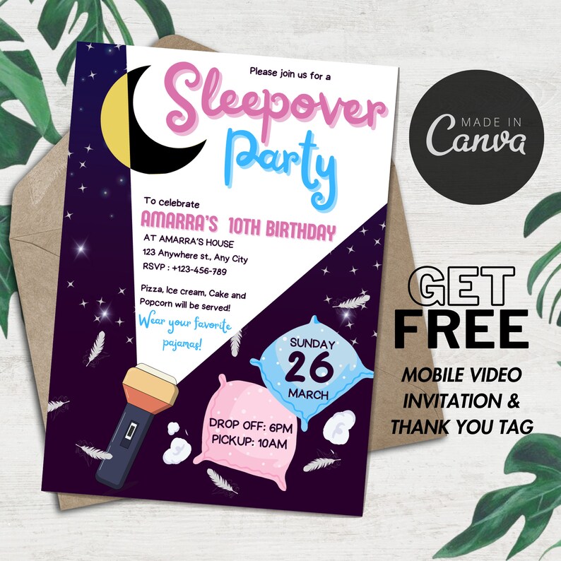 Sleepover Birthday Invitation, Printable Sleepover Invite, Slumber Party, Pajama Party Invite ...