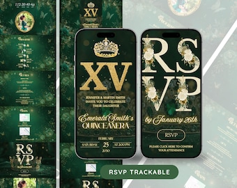 Convite Digital Quinceanera, Convite Emerald Emerald Quinceañera, Mis Quince Años, Sweet 15 Quince Invitation Formulário de RSVP de contagem regressiva rastreável