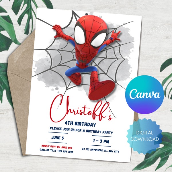 Modèle d'invitation Spiderman Invitation de fête d'anniversaire modifiable Modèle d'invitation de fête d'enfants numérique Invitation de fête d'enfants Carte Spider-Man Spider-Man
