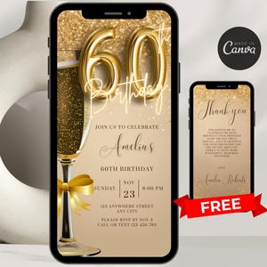 Digital 60th Birthday Invitation For Women Editable 60th Invite Evite Virtual Gold Sixty Party Invite For Her Birthday Invite For Her