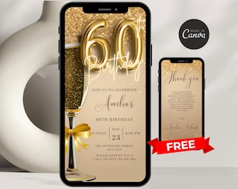 Digital 60th Birthday Invitation For Women Editable 60th Invite Evite Virtual Gold Sixty Party Invite For Her Birthday Invite For Her