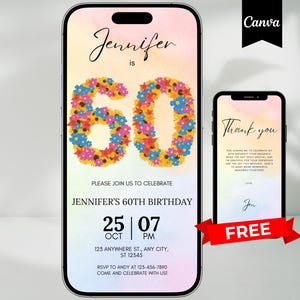 Digital 60th Birthday Invitation For Women Editable 60th Invite Evite Virtual Floral Sixty Party Invite For Her Birthday Invite For Her