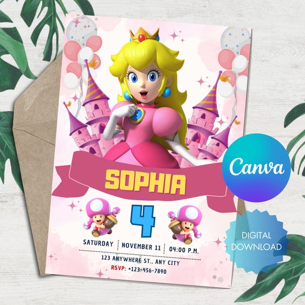 Super Mario Princess Birthday Invitation Card, Super Mario Bros, Mario Princess Invitation, Princess Peach Birthday Invite Digital Template