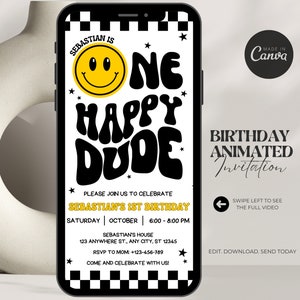 One Happy Dude Mobile Invite One Happy Dude Bearbeitbarer Smiley Geburtstag einladen Handy-Einladung Jungen erste Geburtstagseinladung