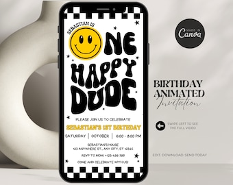 May include: A black and white animated birthday invitation for a one-year-old boy named Sebastian. The invitation features a yellow smiley face, the text "One Happy Dude", and a checkered pattern. The invitation is designed to look like a smartphone screen.