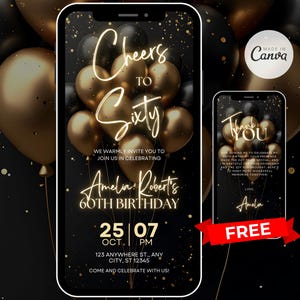 Digital 60th Birthday Invitation For Women Editable 60th Invite Evite Virtual Black Gold Sixty Party Invite For Her Birthday Invite For Her