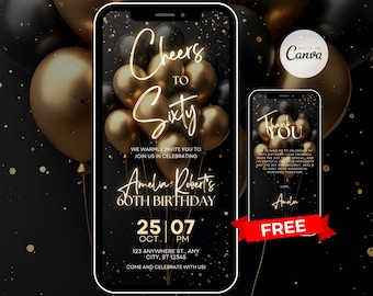 Digital 60th Birthday Invitation For Women Editable 60th Invite Evite Virtual Black Gold Sixty Party Invite For Her Birthday Invite For Her