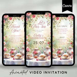 Editable Tea Party Invitation Pink Floral Par-tea Invitation Whimsical Tea Birthday Animated Invitation Digital High Tea Party Invite