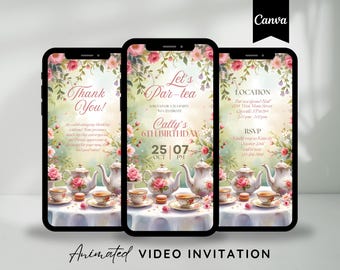 Editable Tea Party Invitation Pink Floral Par-tea Invitation Whimsical Tea Birthday Animated Invitation Digital High Tea Party Invite