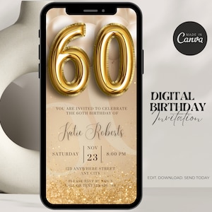 Digital 60th Birthday Invitation For Women Editable 60th Invite Evite Virtual Gold Sixty Party Invite For Her Birthday Invite For Her