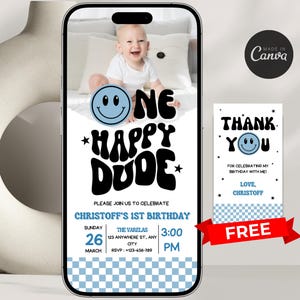 One Happy Dude Mobile Invite One Happy Dude Bearbeitbar mit Foto Geburtstag einladen Handy Einladung Blue Boys erste Geburtstagseinladung