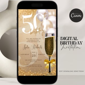 Convite digital de aniversário de 50 anos para mulheres Convite editável de 50 anos Evite champanhe virtual Convite para festa de cinquenta anos para ela Convite de aniversário para ela