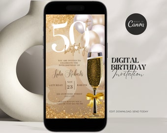 Invitación digital de 50 cumpleaños para mujer. Invitación editable de 50 cumpleaños. Invitación virtual de champán de Evite para su fiesta de cumpleaños. Invitación para ella.