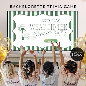Pode incluir: Um jogo de perguntas e respostas para despedida de solteira com o texto "What Did The Groom Say?" exibido em uma tela. Balões dourados e transparentes decoram a cena. Quatro pessoas usando roupões com as palavras "Bridesmaid" e "Bride".