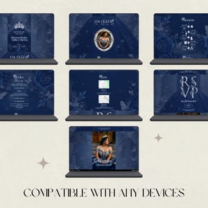 May include: A collection of laptop screens displaying a navy blue invitation suite with floral and butterfly accents. The suite includes a graduation announcement, RSVP, and event details. The text "Compatible with any devices" is at the bottom.