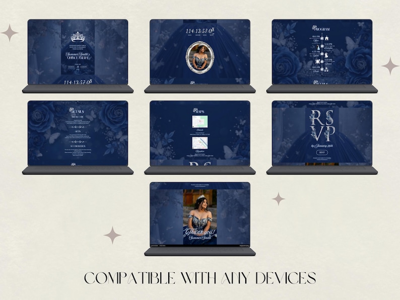 May include: A collection of laptop screens displaying a navy blue invitation suite with floral and butterfly accents. The suite includes a graduation announcement, RSVP, and event details. The text "Compatible with any devices" is at the bottom.