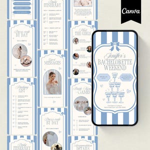 Op de afbeelding: Een lichtblauw en wit gestreept ontwerp met een vrijgezellenfeestthema. Het ontwerp bevat een smartphone met een uitnodiging voor een vrijgezellenfeest en andere informatiekaarten met tekst en afbeeldingen.