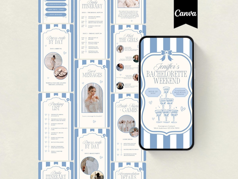 Op de afbeelding: Een lichtblauw en wit gestreept ontwerp met een vrijgezellenfeestthema. Het ontwerp bevat een smartphone met een uitnodiging voor een vrijgezellenfeest en andere informatiekaarten met tekst en afbeeldingen.
