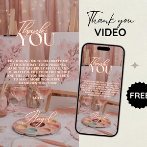 May include: A promotional image with the words "Thank You" in elegant script. The image includes a painting, a phone displaying the same message, and a "FREE" badge. The background features pink and white tones.