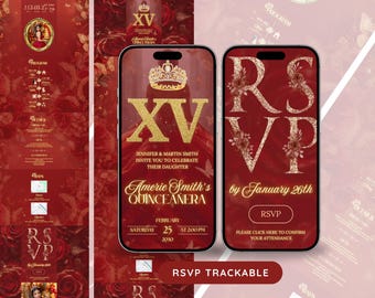 May include: A quinceañera invitation design featuring a red and gold color scheme. The design includes the text "XV" in gold, a crown, and the name "Amerie Smith's Quinceañera". The RSVP card is also shown.