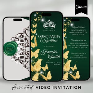 Digital Green Quinceanera Video Invitation Green Mis Quince Años XV Animated Invite Sweet 15 Quince Video Mobile Invitacion de Quinceañera