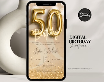 Invitación digital de 50 cumpleaños para mujer. Invitación editable de 50 cumpleaños. Invitación rústica virtual de Evite para su fiesta de cumpleaños.