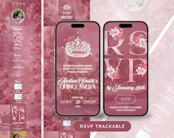 デジタル キンセアニェラ 招待、パステル ピンク キンセアニェラ 招待、ミス キンセ アニョス、スイート 15 キンセアニェラ 招待 追跡可能なカウントダウン RSVP オンライン フォーム