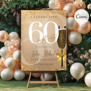 60th Birthday Welcome Sign Printable Modern Champagne Gold Design Editable Poster Digital Download for Party 60th Birthday Sign