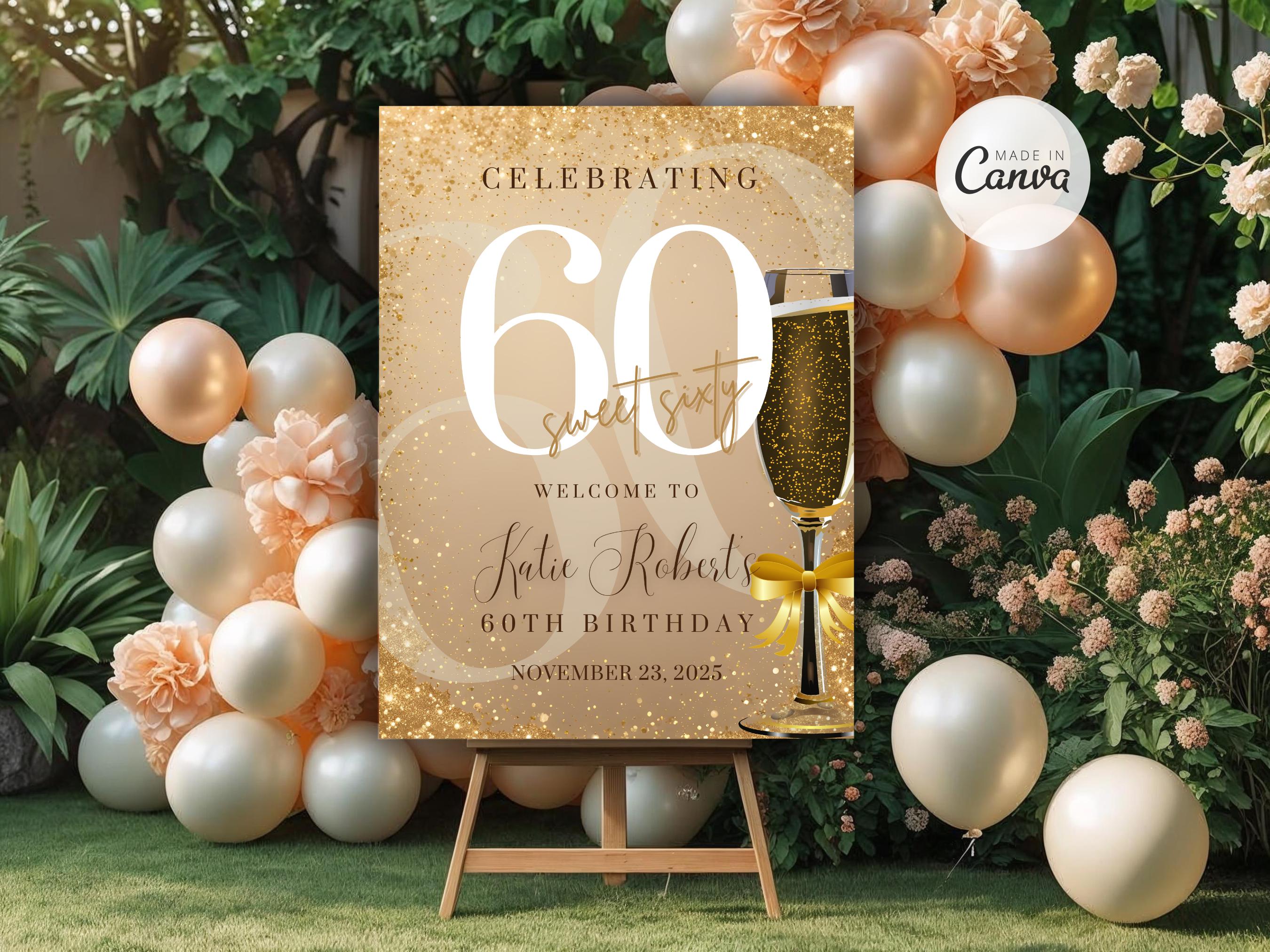 60th Birthday Welcome Sign Printable Modern Champagne Gold Design ...