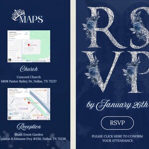 May include: Navy blue invitation with silver glitter letters spelling "RSVP" and floral accents. The invitation includes a map to the church and reception, with the text "by January 26th" and a button that says "RSVP".