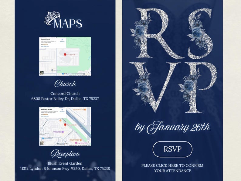 May include: Navy blue invitation with silver glitter letters spelling "RSVP" and floral accents. The invitation includes a map to the church and reception, with the text "by January 26th" and a button that says "RSVP".