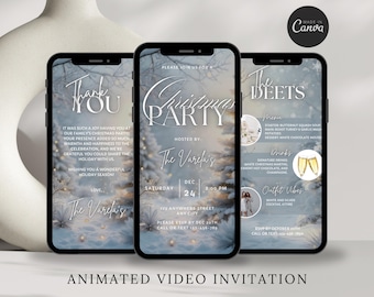 May include: Three smartphones displaying a Christmas party invitation. The invitation features a winter forest background with elegant white script. The text includes party details, menu, and RSVP information. The words "Animated Video Invitation" are at the bottom.