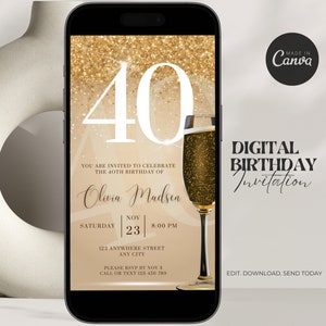 Digital 40th Birthday Invitation For Women Editable 40th Invite Evite Virtual Champagne Forty Party Invite For Her Birthday Invite For Her