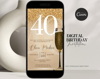Digitale 40. Geburtstagseinladung für Frauen Bearbeitbar 40. Einladen Evite Virtuelle Champagner Vierzig Party Einladen für ihren Geburtstag Einladen für Sie