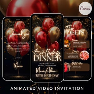 Puede incluir: Invitación animada a un video para una cena de cumpleaños de 30 años. La invitación presenta un fondo negro con globos dorados y rojos, y un texto que dice "Cena de cumpleaños" y "30 cumpleaños de Marie Aitken".