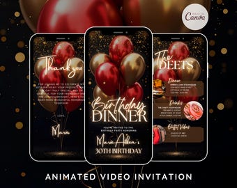 Red Birthday Dinner Invitation Birthday Video Invite Birthday Dinner Party Digital Template Dinner Birthday Animated Virtual Birthday Invite