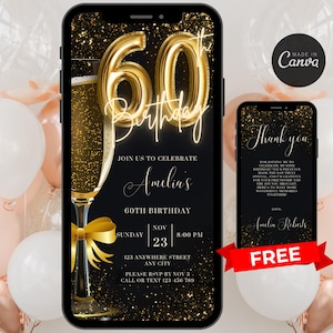 Digital 60th Birthday Invitation For Women Editable 60th Invite Evite Virtual Champagne Sixty Party Invite For Her Birthday Invite For Her
