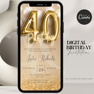 Convite digital de 40º aniversário para mulheres Convite editável de 40º aniversário Evite convite virtual dourado para festa de quarenta anos para ela Convite de aniversário para ela