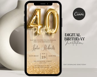 Digitale 40. Geburtstagseinladung für Frauen Bearbeitbar 40. Einladen Evite Virtuelle Gold Vierzig Party Einladen für ihren Geburtstag Einladen für Sie