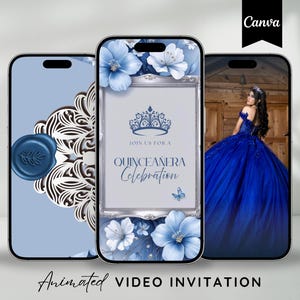 Invito Quinceanera, Invito animato Quinceanera blu, Invito video digitale Quinceañera modificabile, Invito video Sweet 16 Quince
