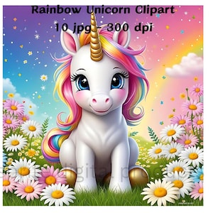 Clipart tęczowego jednorożca, 10 wysokiej jakości plików jpg, pliki obrazów cyfrowych fantasy, ilustracje książek dla dzieci, wydrukowane na ścianie cliparty urodzinowe