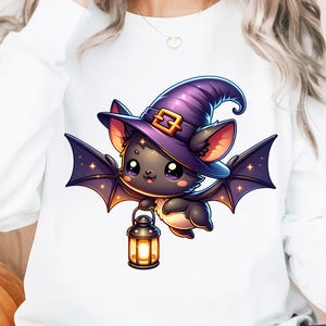 Halloween Bat Png , Sublimation Design , Instant Download , Kawaii Witch Hat Bat with Lantern T-Shirt Sweater Png , Trick or Treat Png