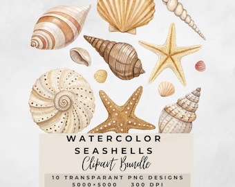 Watercolor Seashells Clipart Bundle , 10 png Watercolor Sea Shells , Digital Download , Starfish And Ocean Clipart , Commercial Use