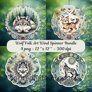 Wolf Folk Art wind Spinner png , 4 Wind Spinner Sublimation Design , Garden Wind Spinner, Digital Download , Floral Animal Nursery art png